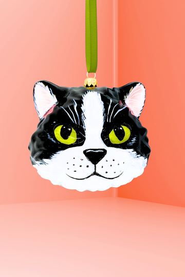 Mishka Tuxedo Cat Face Glass Ornament