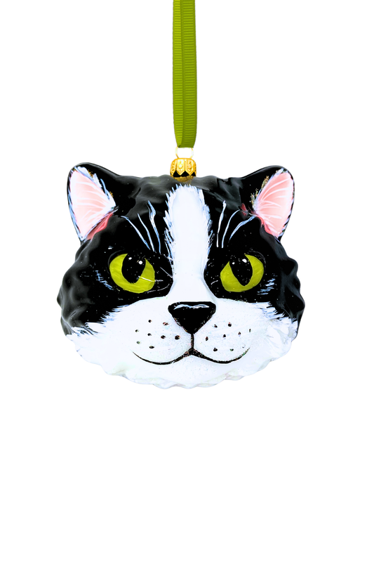 Mishka Tuxedo Cat Face Glass Ornament