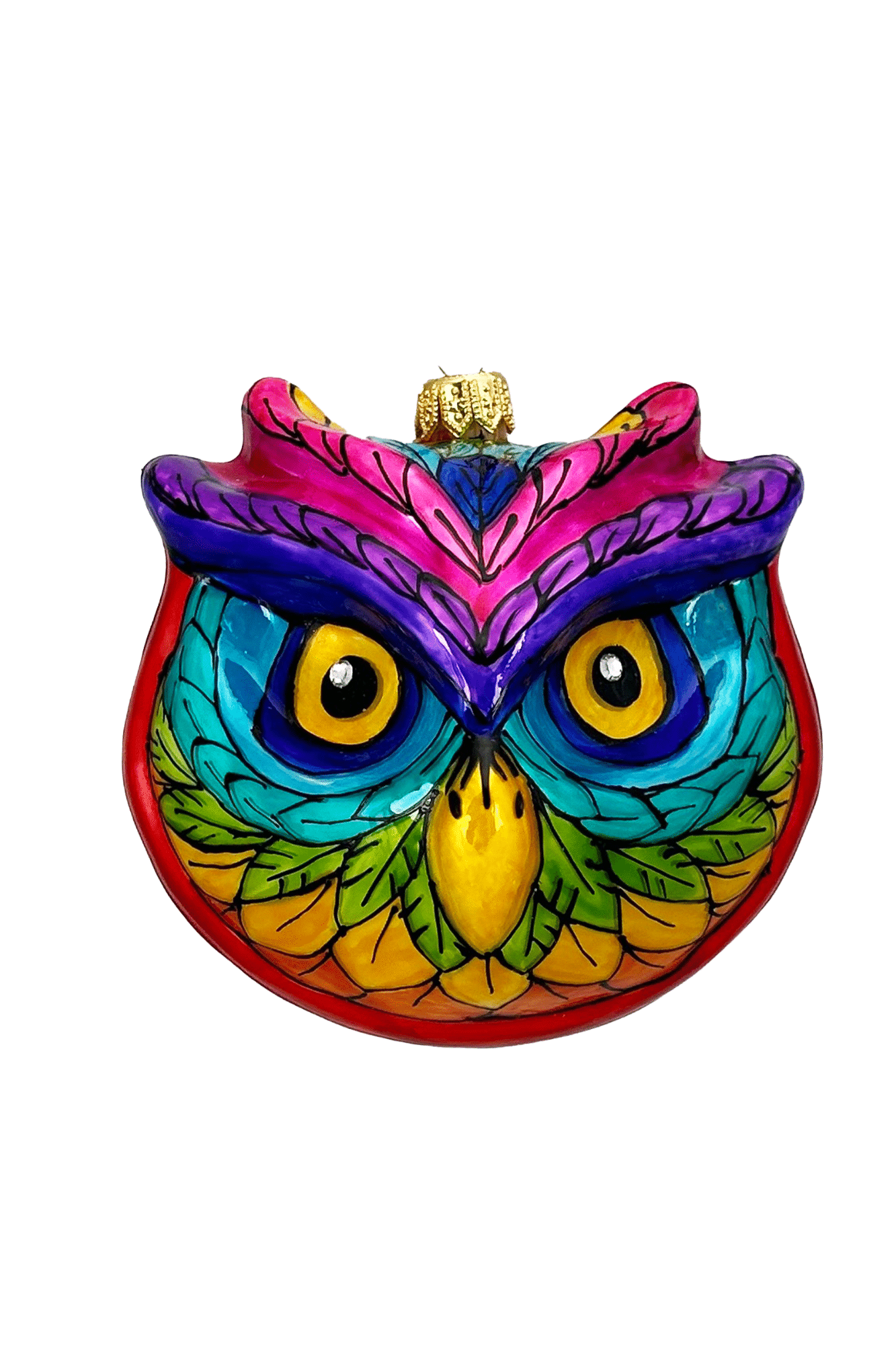 rainbow saturated colors owl face ornament with big eyes and beak. hnad painted in intricate linework details. handmade in poland