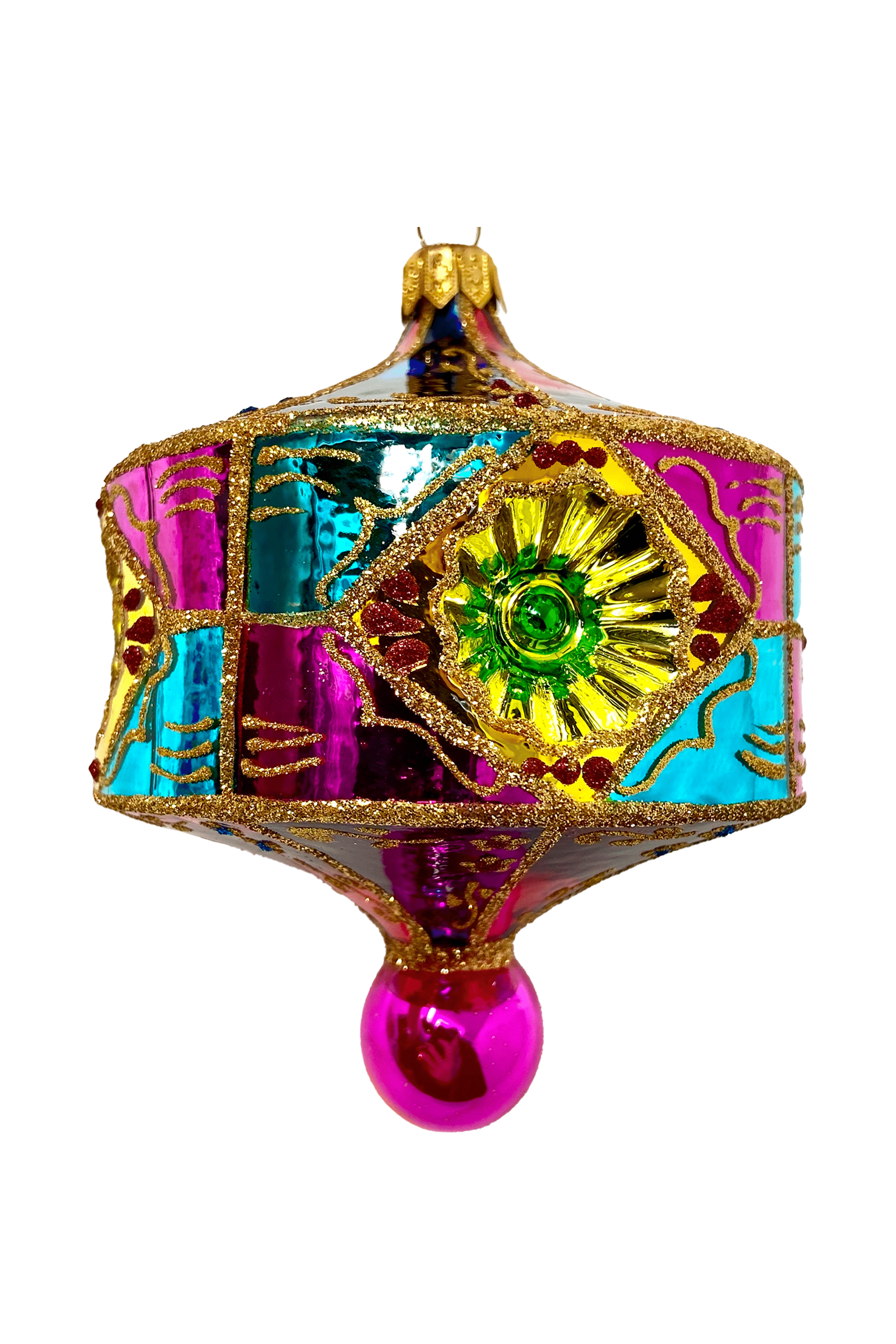 beautiful sicilian style glass ornament painted with vibrant colors and gold accents.