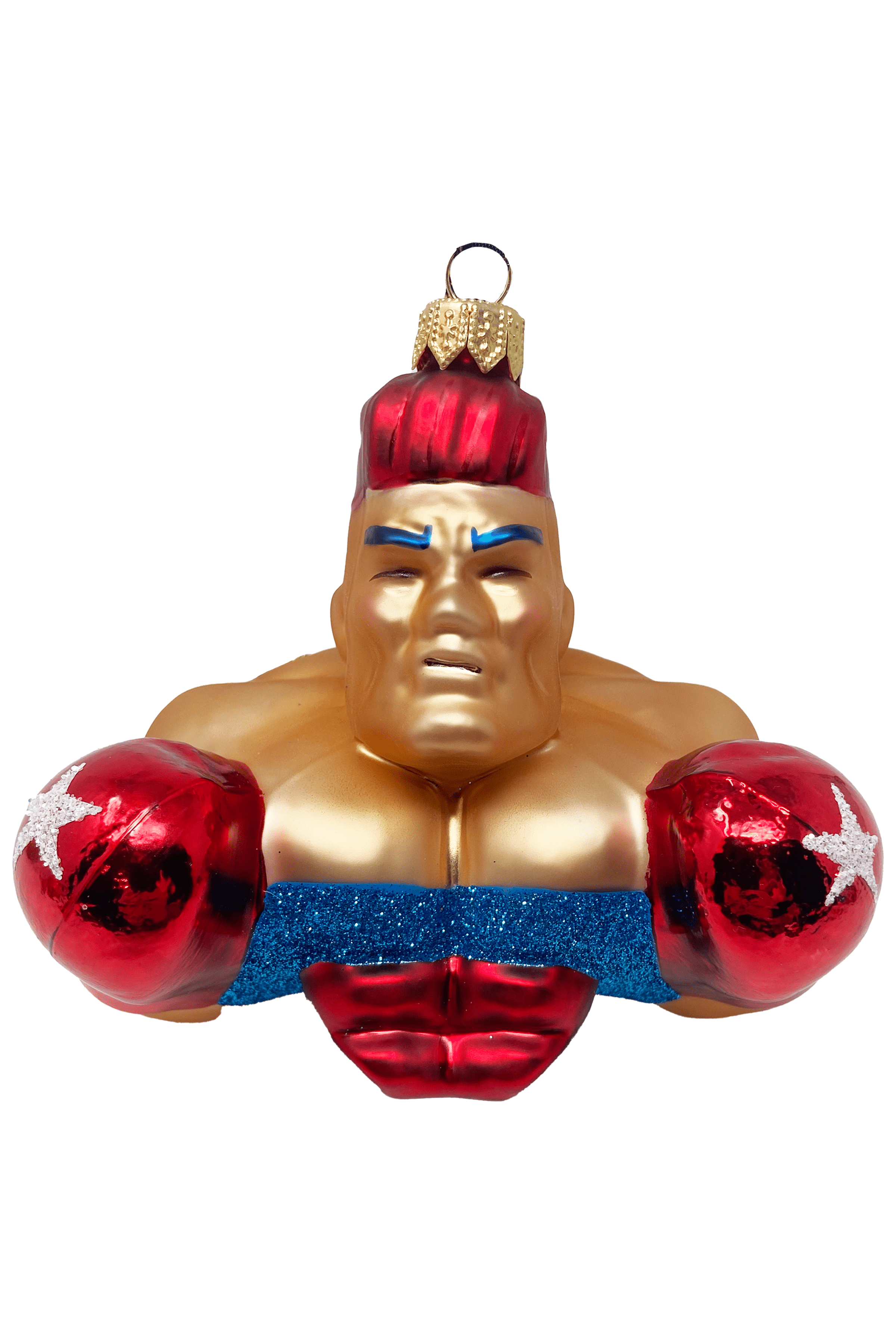 Erik's toy box collection featuring a muscular boxer with boxing gloves and bright colored hair and outfit hanging glass ornament