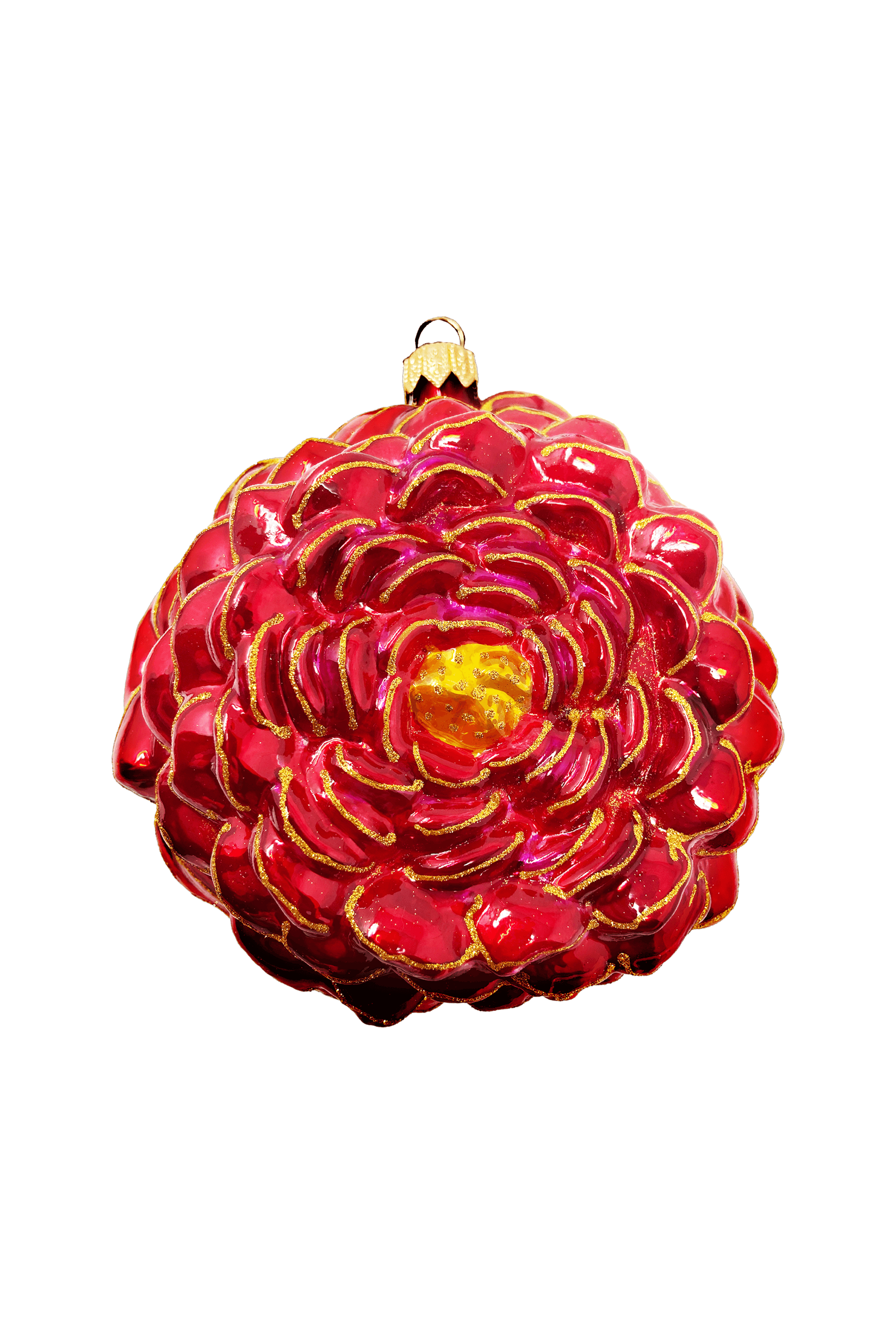 Chinoiserie style glass peony christmas ornament with bright vibrant colors