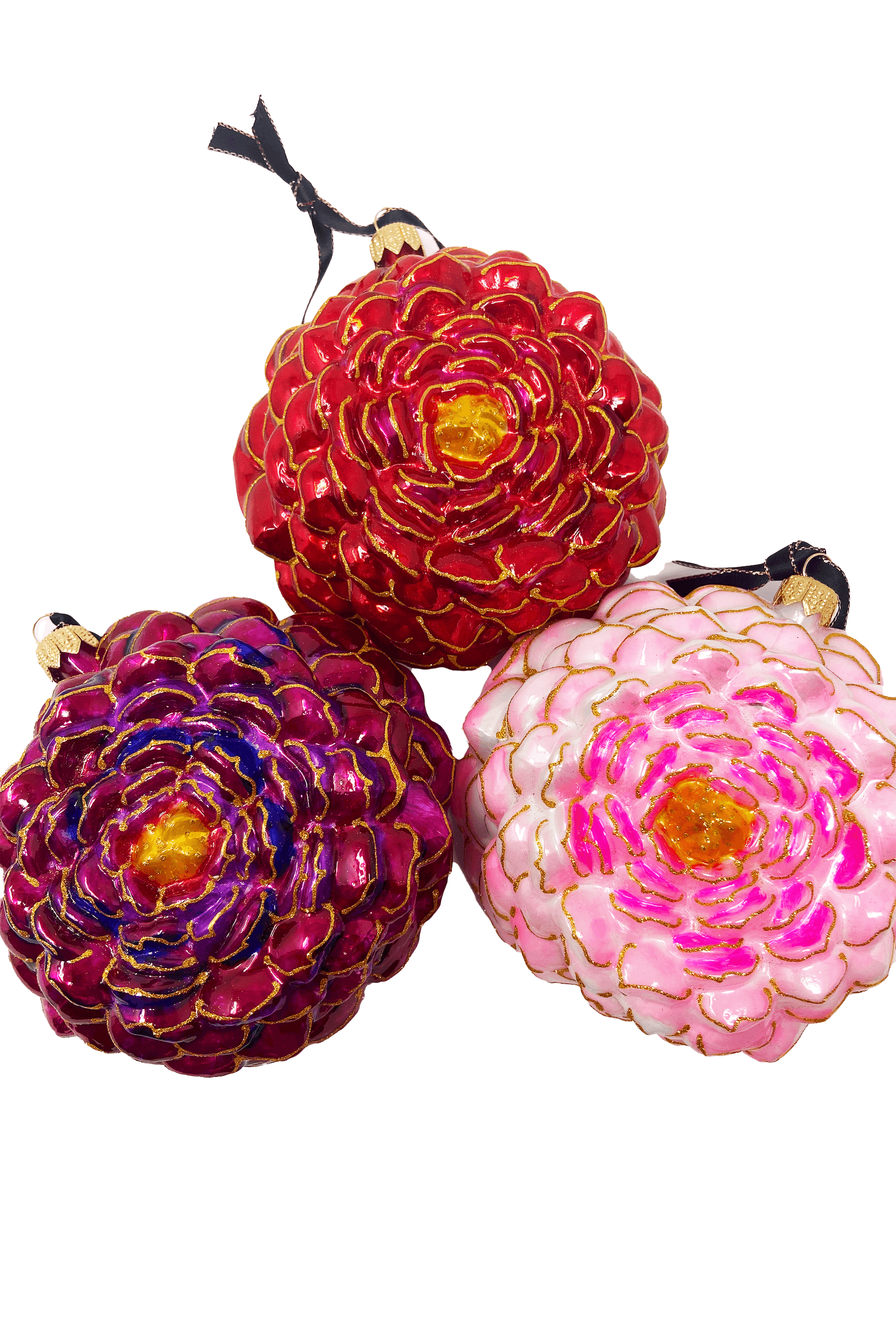 Chinoiserie style glass peony christmas ornament with bright vibrant colors