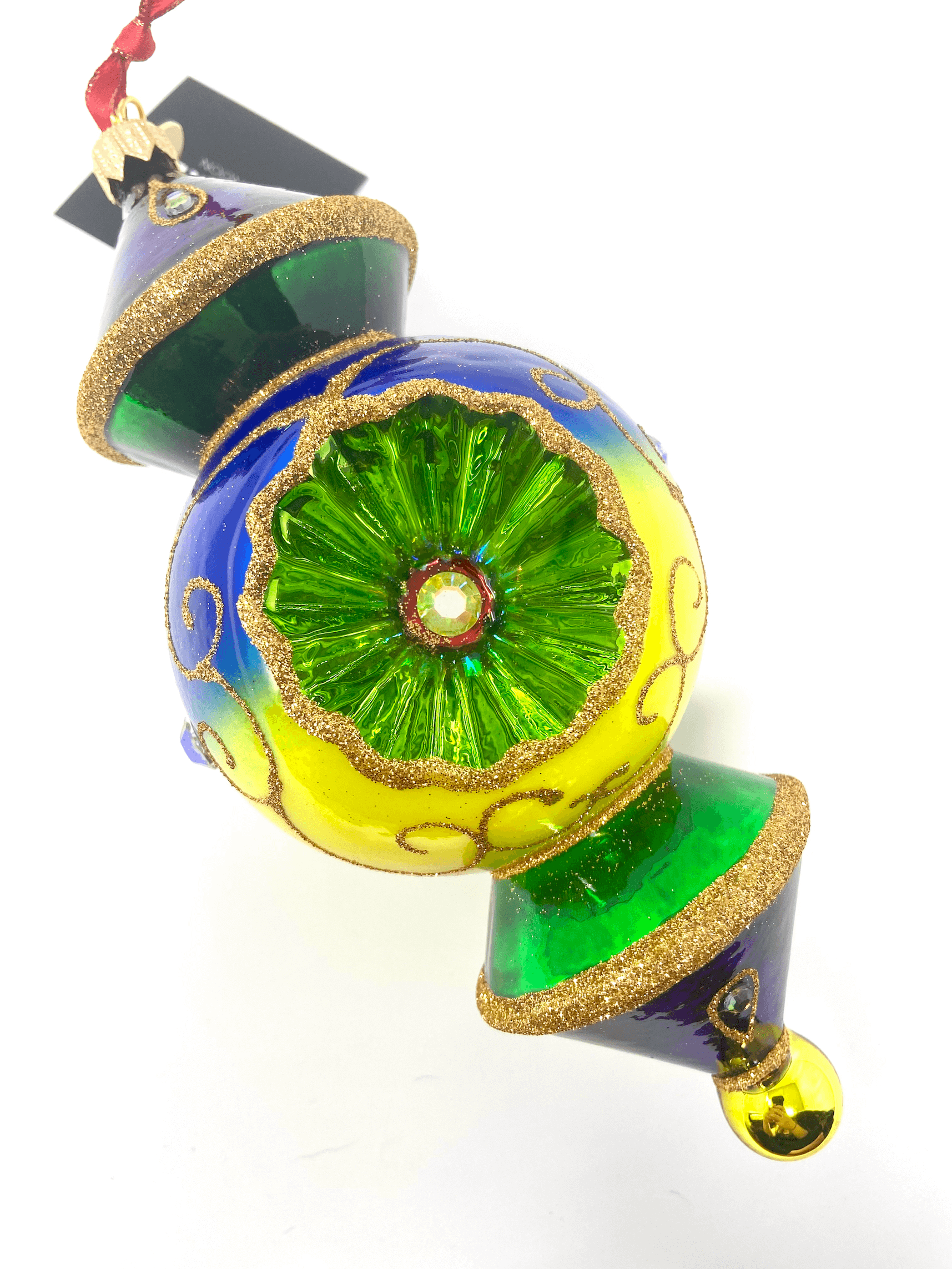 Rainbow triple barrel ornament with single reflector. Features gradient rainbow color and gold accents. Christmas polish glass ornaments.