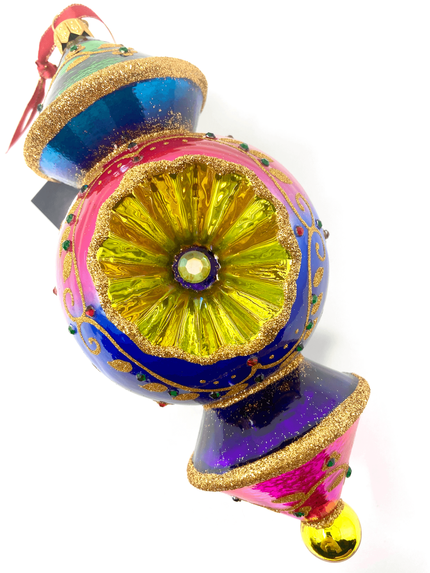 Rainbow triple barrel ornament with single reflector. Features gradient rainbow color and gold accents. Christmas polish glass ornaments.