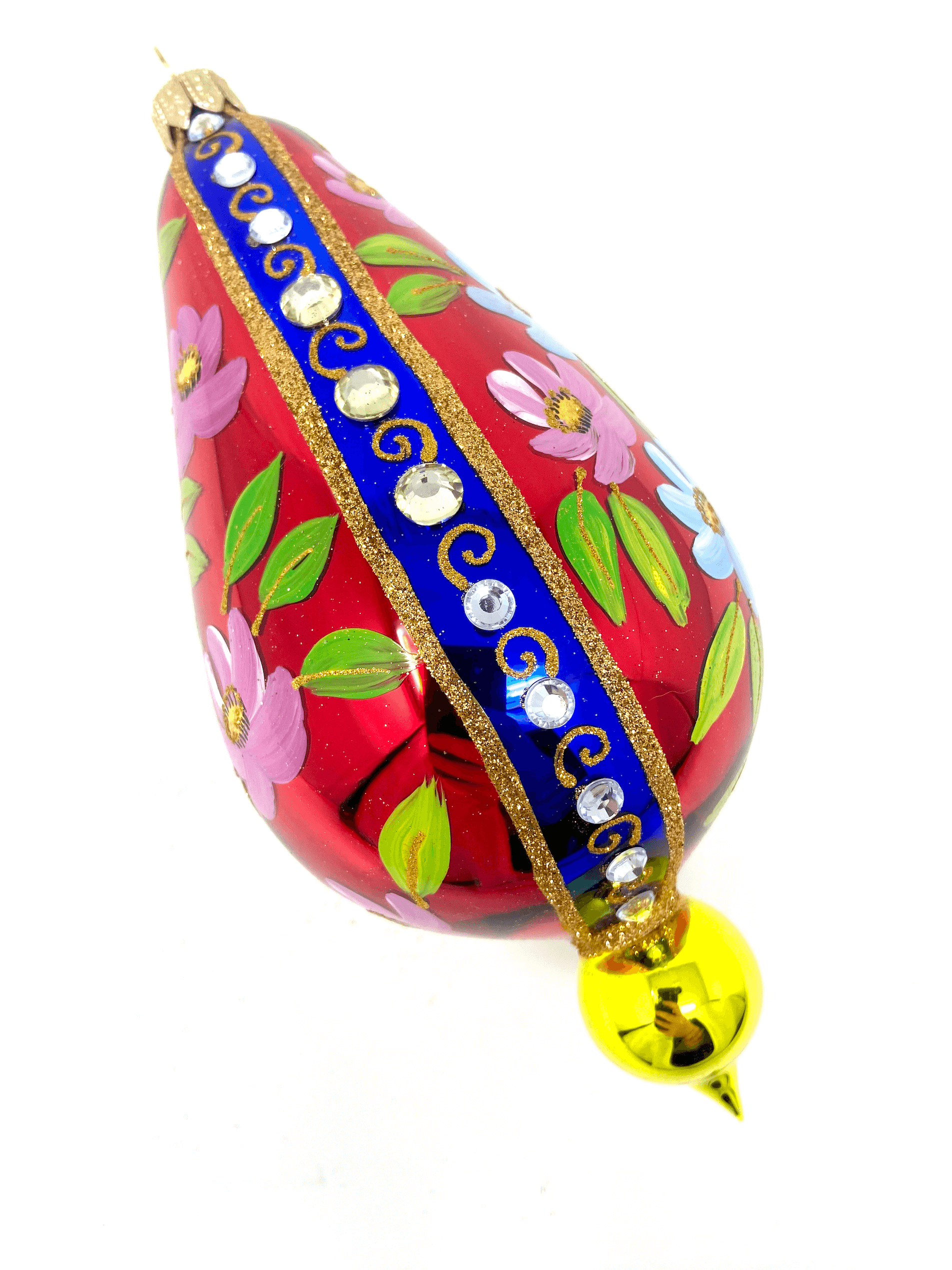 Red eggplant shaped ornament featuring gemstones, intricate gold detailing, and hand painted floral blooms. A Christmas polish glass ornament. Floral Escape Floral Fetish.