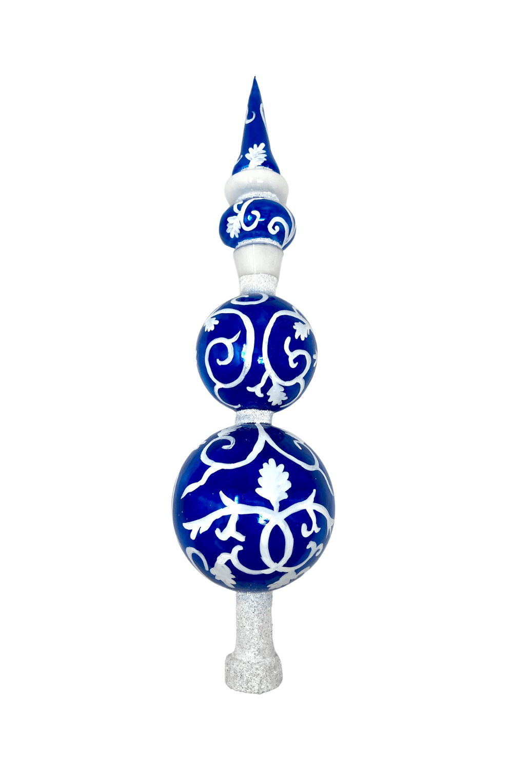 Stunningly large colorful christmas tree finial with mutliple baubles and pointed cap.