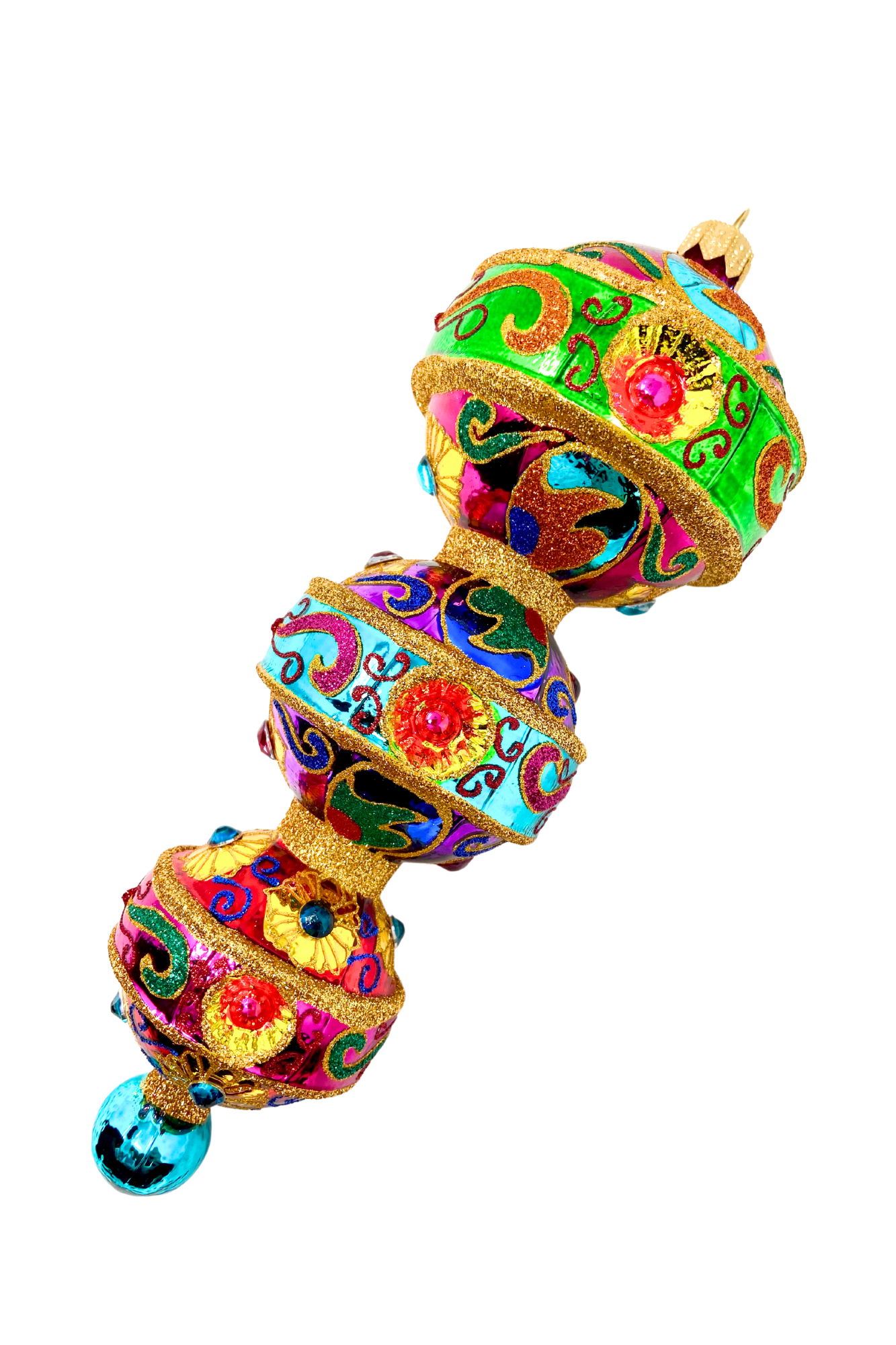 rainbow christmas ornament with six reflectors and gold scrollwork detailing hand painted in poland