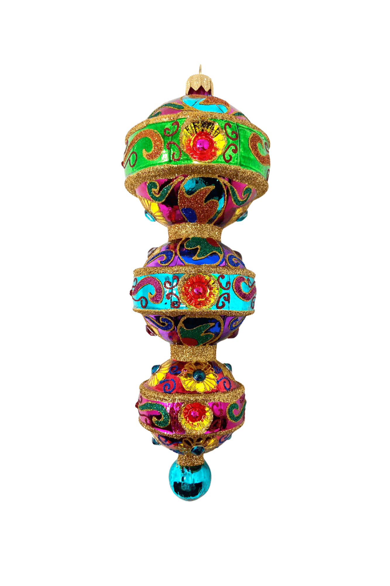rainbow christmas ornament with six reflectors and gold scrollwork detailing hand painted in poland